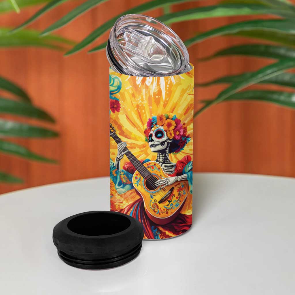 Mexico Day Of The Dead 4 in 1 Can Cooler Tumbler Sugar Skull Girl With Guitar Colorful Vibes - Wonder Print Shop