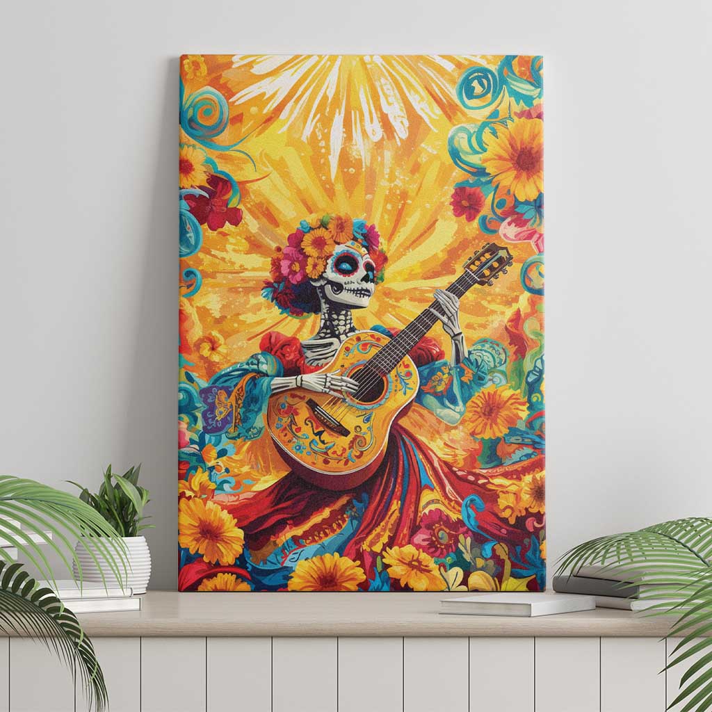 Mexico Day Of The Dead Canvas Wall Art Sugar Skull Girl With Guitar Colorful Vibes - Wonder Print Shop
