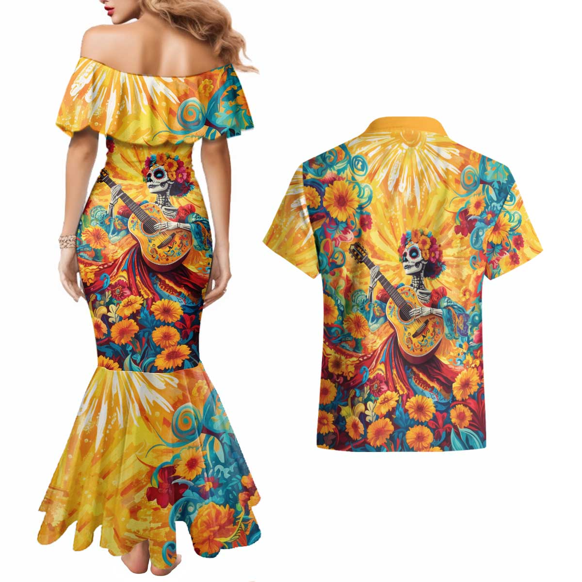 Mexico Day Of The Dead Couples Matching Mermaid Dress and Hawaiian Shirt Sugar Skull Girl With Guitar Colorful Vibes - Wonder Print Shop