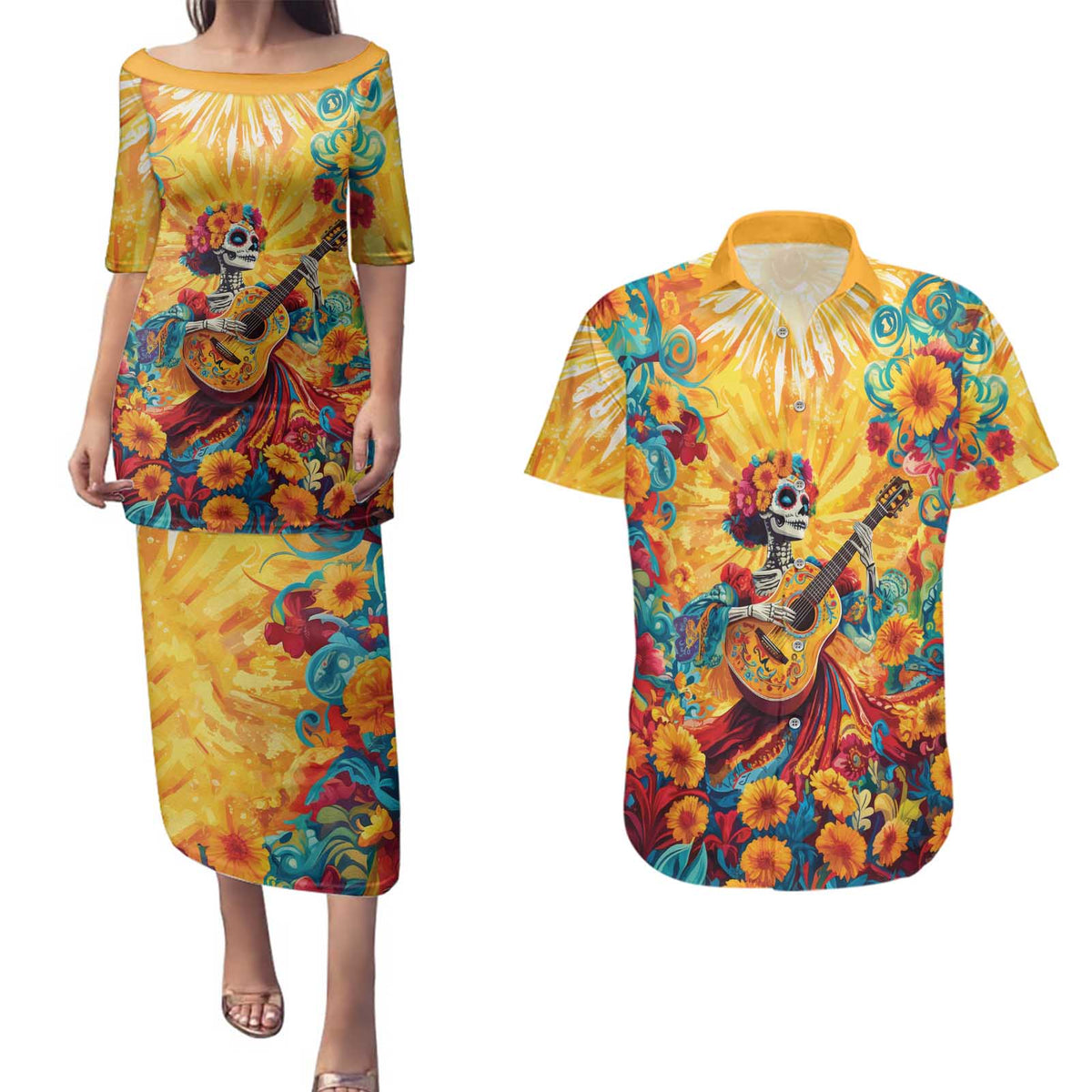 Mexico Day Of The Dead Couples Matching Puletasi and Hawaiian Shirt Sugar Skull Girl With Guitar Colorful Vibes - Wonder Print Shop
