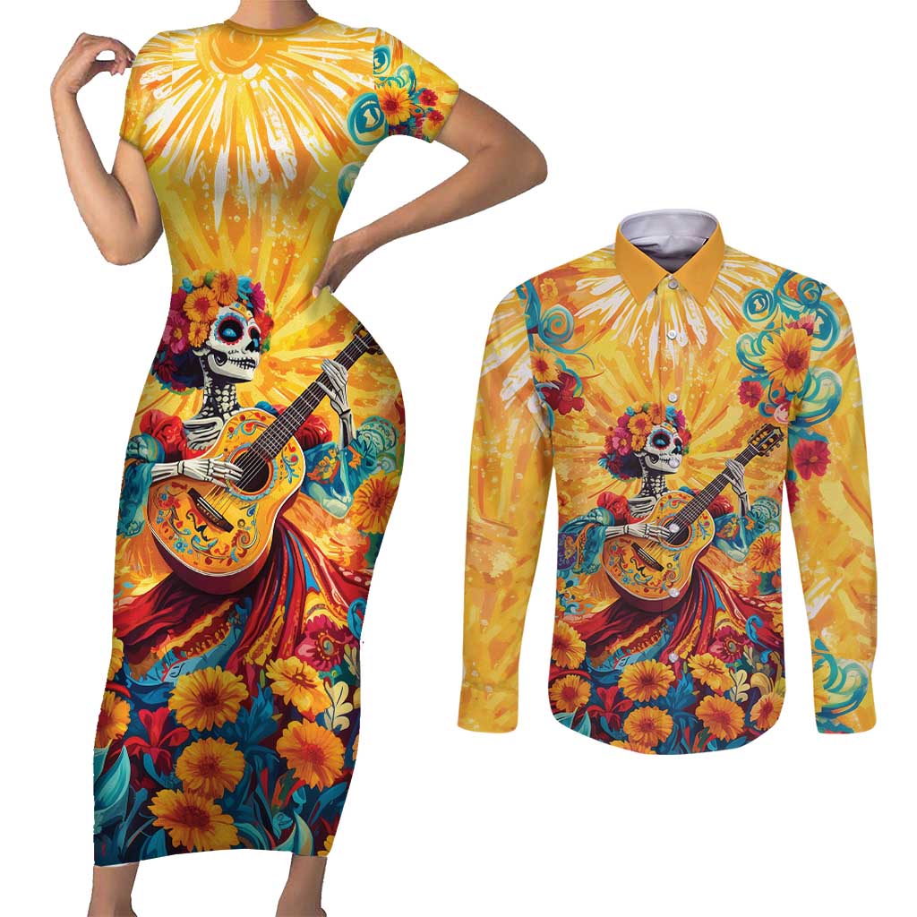 Mexico Day Of The Dead Couples Matching Short Sleeve Bodycon Dress and Long Sleeve Button Shirt Sugar Skull Girl With Guitar Colorful Vibes - Wonder Print Shop