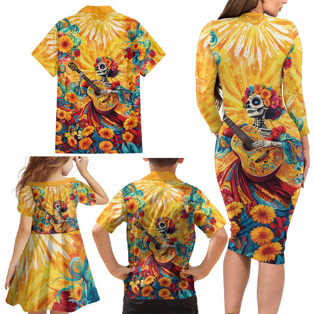 Mexico Day Of The Dead Family Matching Long Sleeve Bodycon Dress and Hawaiian Shirt Sugar Skull Girl With Guitar Colorful Vibes - Wonder Print Shop