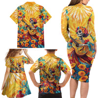 Mexico Day Of The Dead Family Matching Long Sleeve Bodycon Dress and Hawaiian Shirt Sugar Skull Girl With Guitar Colorful Vibes - Wonder Print Shop