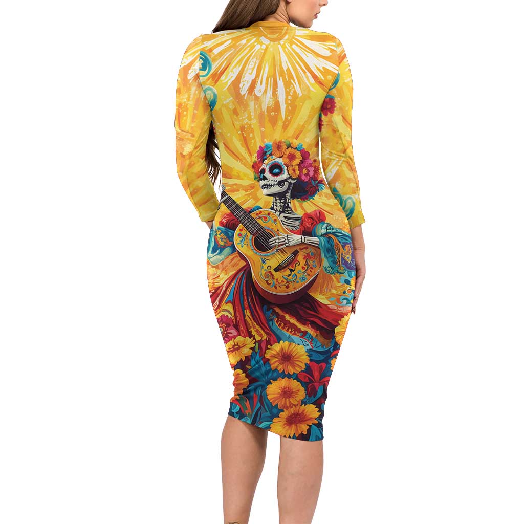 Mexico Day Of The Dead Family Matching Long Sleeve Bodycon Dress and Hawaiian Shirt Sugar Skull Girl With Guitar Colorful Vibes - Wonder Print Shop