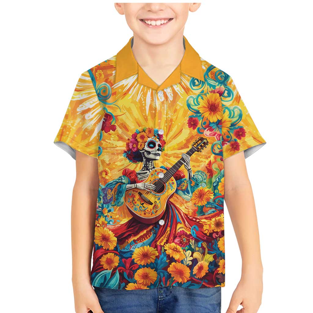 Mexico Day Of The Dead Family Matching Mermaid Dress and Hawaiian Shirt Sugar Skull Girl With Guitar Colorful Vibes - Wonder Print Shop