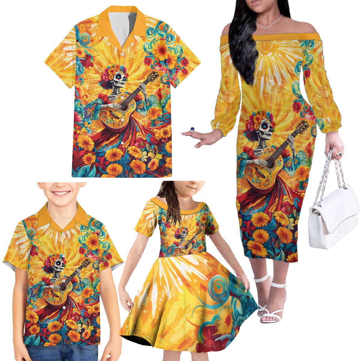 Mexico Day Of The Dead Family Matching Off The Shoulder Long Sleeve Dress and Hawaiian Shirt Sugar Skull Girl With Guitar Colorful Vibes - Wonder Print Shop