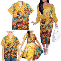 Mexico Day Of The Dead Family Matching Off The Shoulder Long Sleeve Dress and Hawaiian Shirt Sugar Skull Girl With Guitar Colorful Vibes - Wonder Print Shop