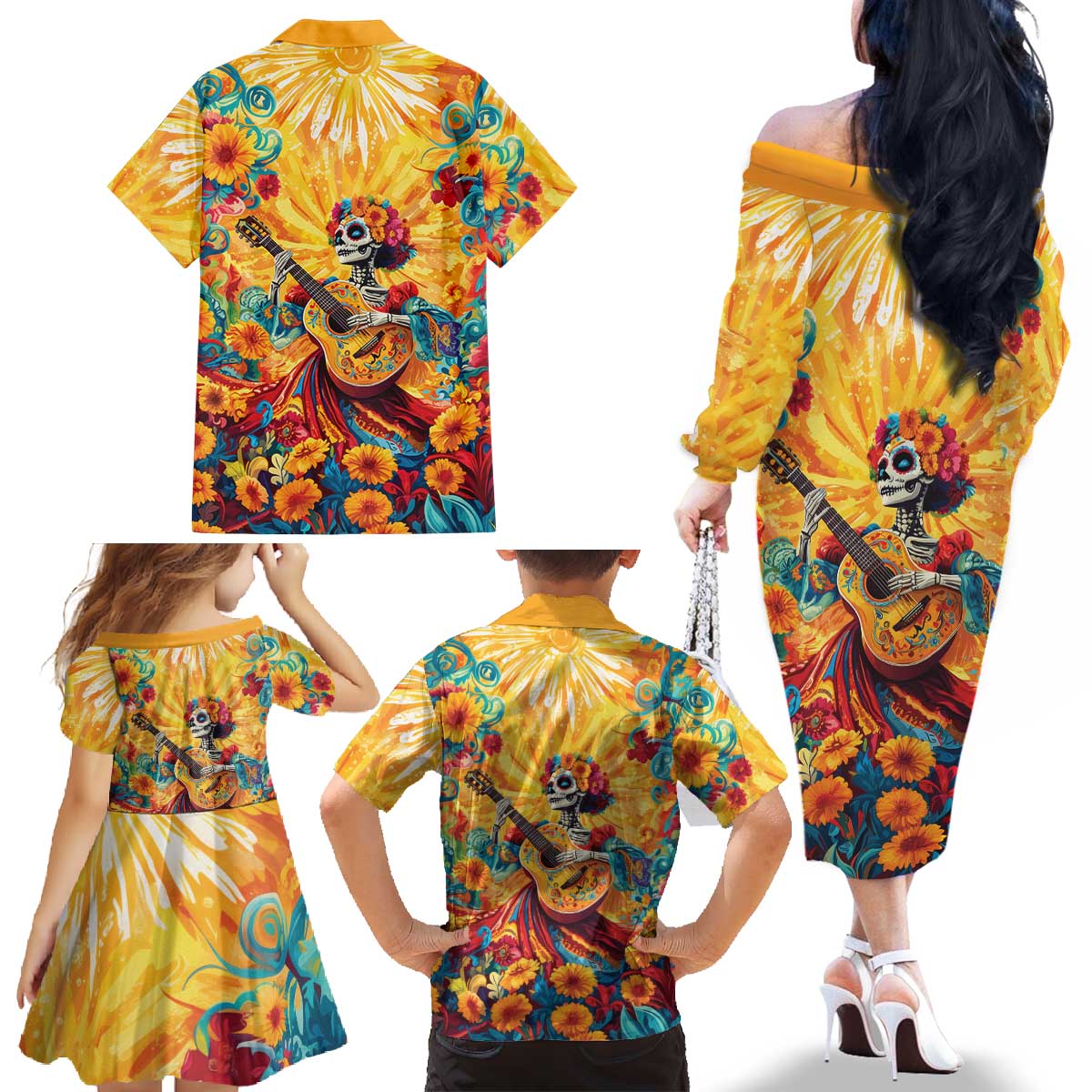 Mexico Day Of The Dead Family Matching Off The Shoulder Long Sleeve Dress and Hawaiian Shirt Sugar Skull Girl With Guitar Colorful Vibes - Wonder Print Shop