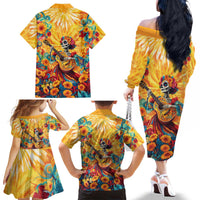 Mexico Day Of The Dead Family Matching Off The Shoulder Long Sleeve Dress and Hawaiian Shirt Sugar Skull Girl With Guitar Colorful Vibes - Wonder Print Shop