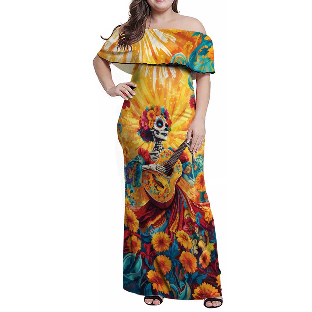 Mexico Day Of The Dead Family Matching Off Shoulder Maxi Dress and Hawaiian Shirt Sugar Skull Girl With Guitar Colorful Vibes - Wonder Print Shop