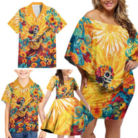 Mexico Day Of The Dead Family Matching Off Shoulder Short Dress and Hawaiian Shirt Sugar Skull Girl With Guitar Colorful Vibes - Wonder Print Shop