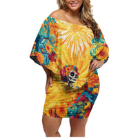 Mexico Day Of The Dead Family Matching Off Shoulder Short Dress and Hawaiian Shirt Sugar Skull Girl With Guitar Colorful Vibes - Wonder Print Shop