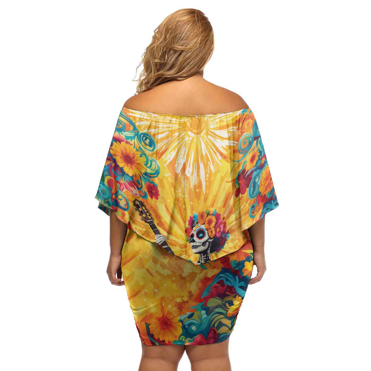 Mexico Day Of The Dead Family Matching Off Shoulder Short Dress and Hawaiian Shirt Sugar Skull Girl With Guitar Colorful Vibes - Wonder Print Shop