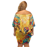 Mexico Day Of The Dead Family Matching Off Shoulder Short Dress and Hawaiian Shirt Sugar Skull Girl With Guitar Colorful Vibes - Wonder Print Shop