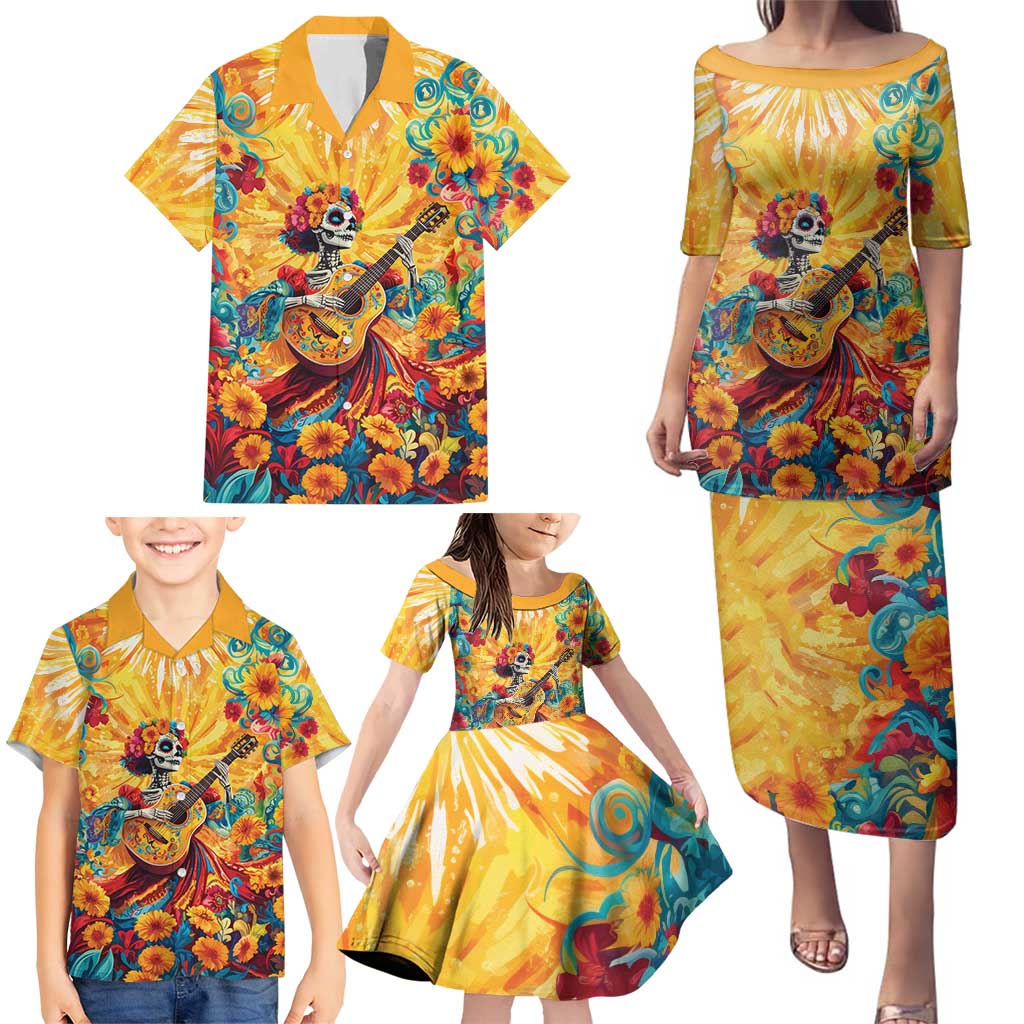 Mexico Day Of The Dead Family Matching Puletasi and Hawaiian Shirt Sugar Skull Girl With Guitar Colorful Vibes - Wonder Print Shop
