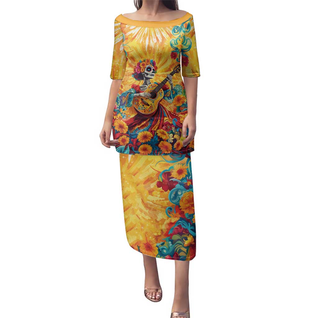 Mexico Day Of The Dead Family Matching Puletasi and Hawaiian Shirt Sugar Skull Girl With Guitar Colorful Vibes - Wonder Print Shop