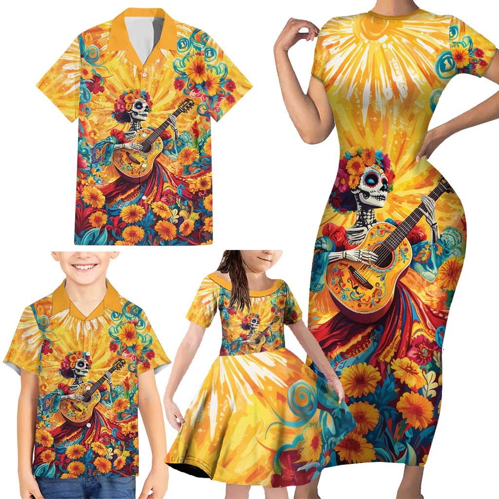 Mexico Day Of The Dead Family Matching Short Sleeve Bodycon Dress and Hawaiian Shirt Sugar Skull Girl With Guitar Colorful Vibes - Wonder Print Shop