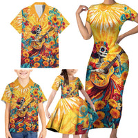 Mexico Day Of The Dead Family Matching Short Sleeve Bodycon Dress and Hawaiian Shirt Sugar Skull Girl With Guitar Colorful Vibes - Wonder Print Shop