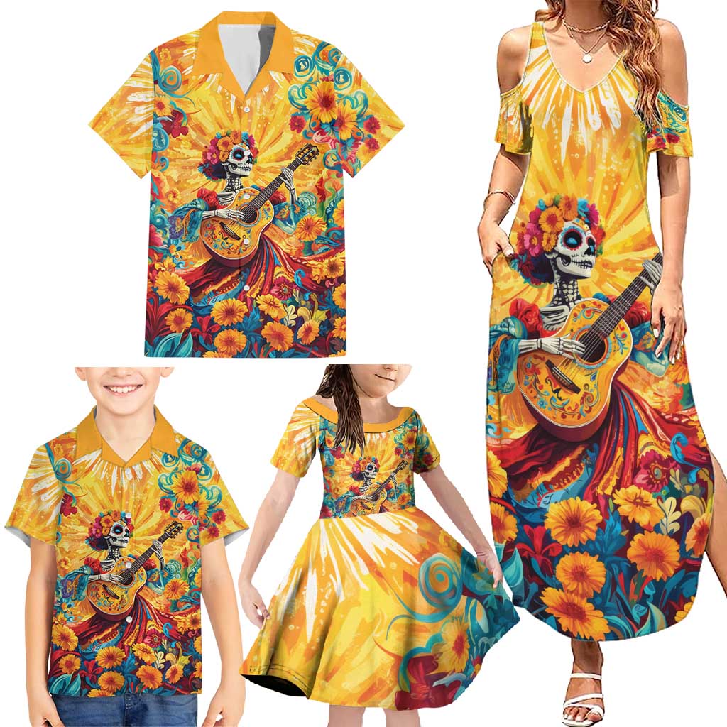 Mexico Day Of The Dead Family Matching Summer Maxi Dress and Hawaiian Shirt Sugar Skull Girl With Guitar Colorful Vibes - Wonder Print Shop