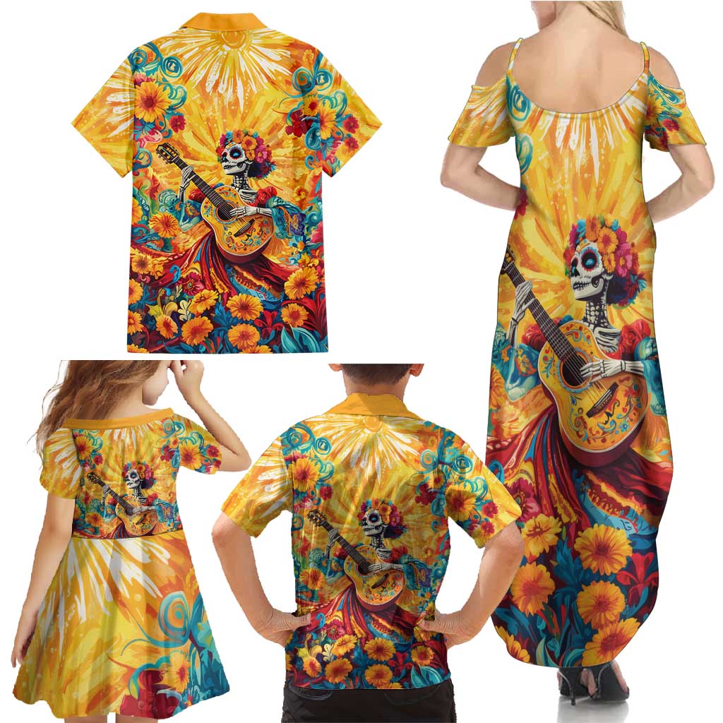 Mexico Day Of The Dead Family Matching Summer Maxi Dress and Hawaiian Shirt Sugar Skull Girl With Guitar Colorful Vibes - Wonder Print Shop