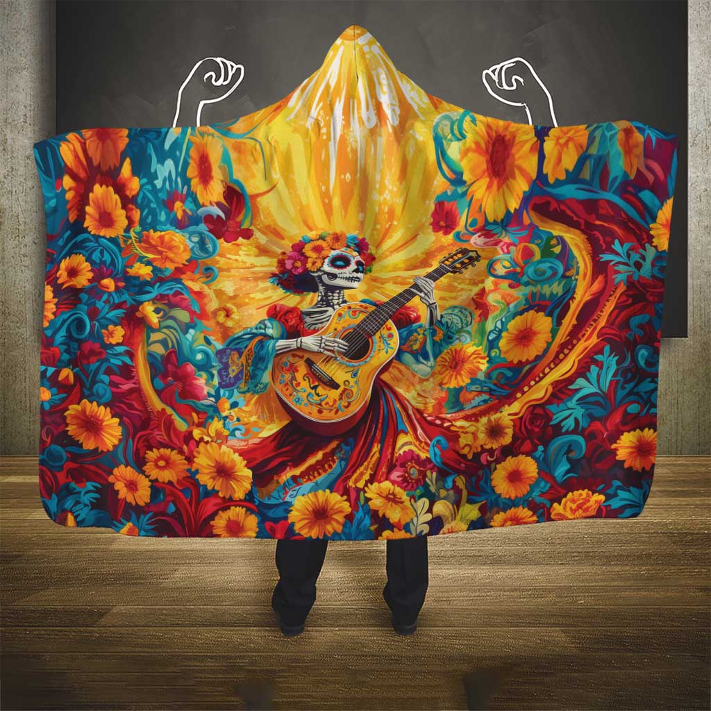 Mexico Day Of The Dead Hooded Blanket Sugar Skull Girl With Guitar Colorful Vibes