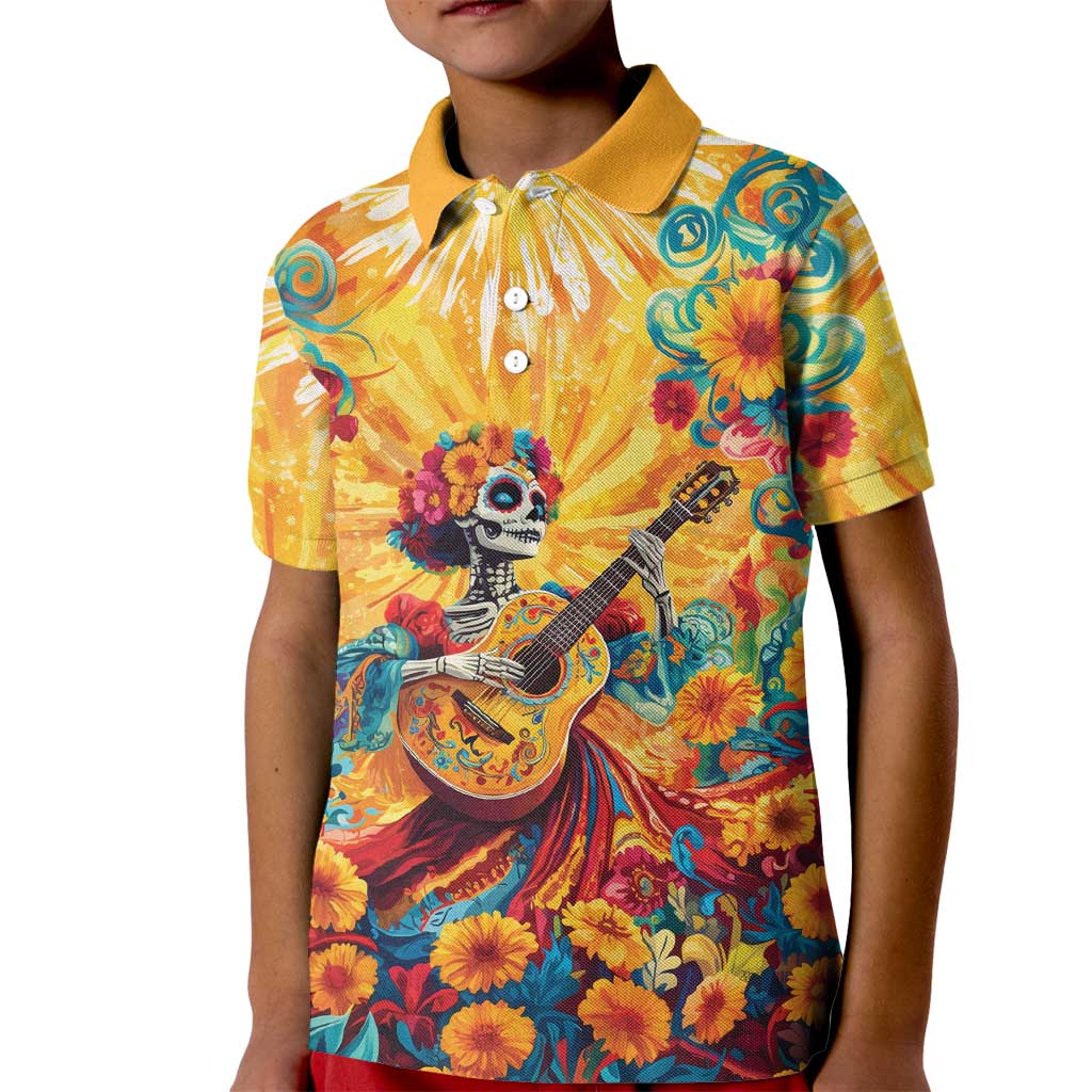 Mexico Day Of The Dead Kid Polo Shirt Sugar Skull Girl With Guitar Colorful Vibes - Wonder Print Shop