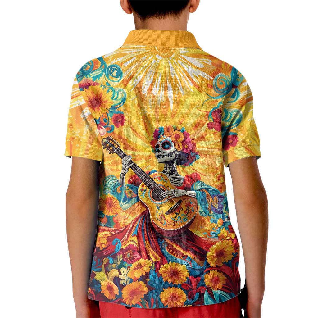 Mexico Day Of The Dead Kid Polo Shirt Sugar Skull Girl With Guitar Colorful Vibes - Wonder Print Shop