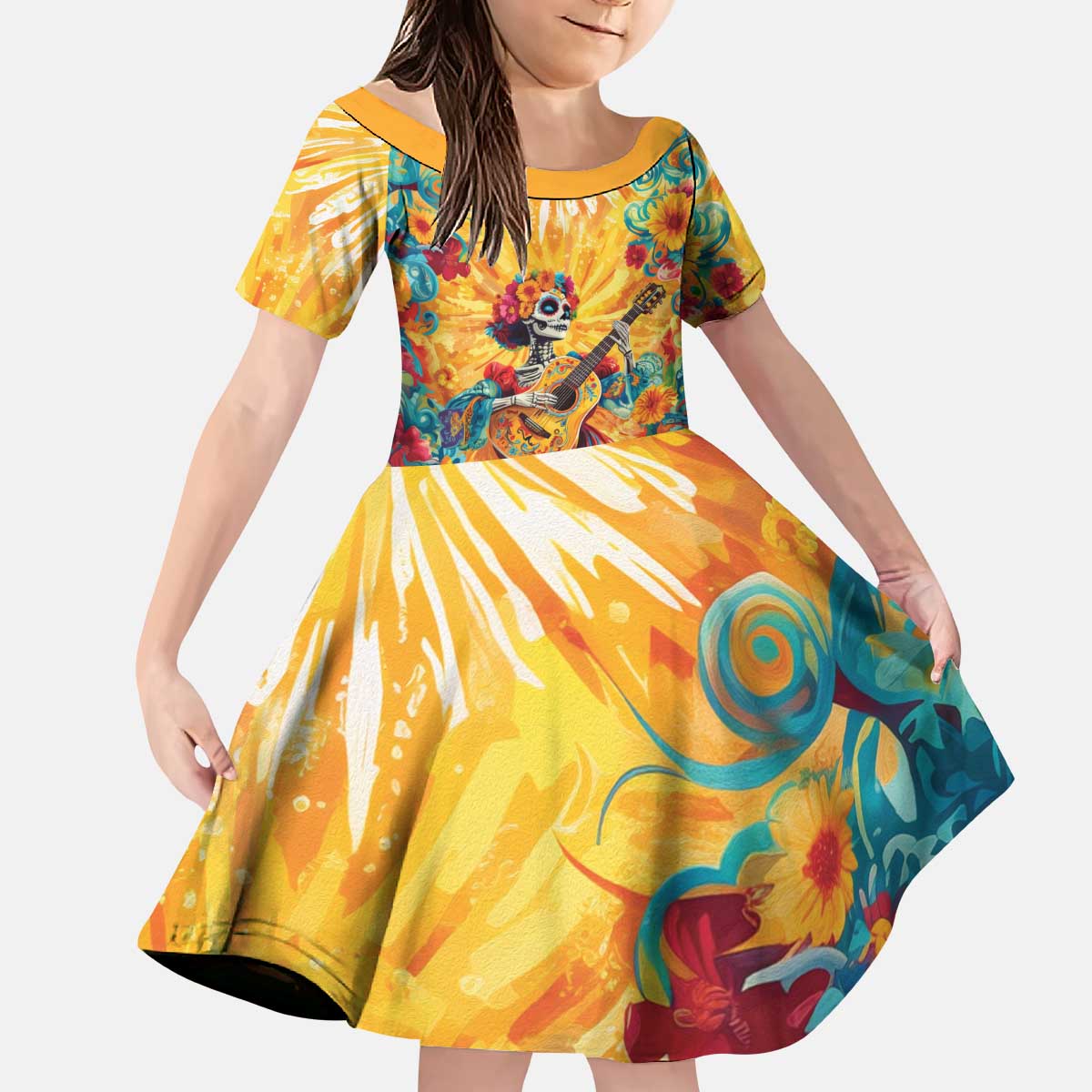 Mexico Day Of The Dead Kid Short Sleeve Dress Sugar Skull Girl With Guitar Colorful Vibes - Wonder Print Shop