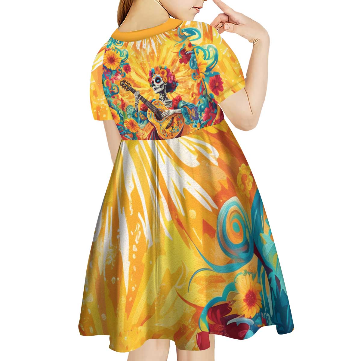 Mexico Day Of The Dead Kid Short Sleeve Dress Sugar Skull Girl With Guitar Colorful Vibes - Wonder Print Shop