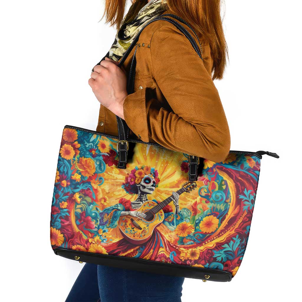 Mexico Day Of The Dead Leather Tote Bag Sugar Skull Girl With Guitar Colorful Vibes - Wonder Print Shop
