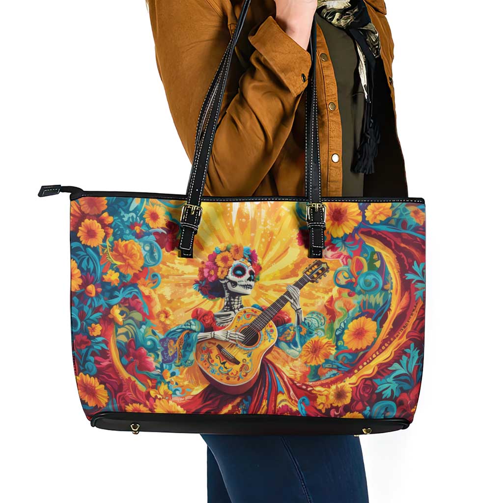 Mexico Day Of The Dead Leather Tote Bag Sugar Skull Girl With Guitar Colorful Vibes - Wonder Print Shop