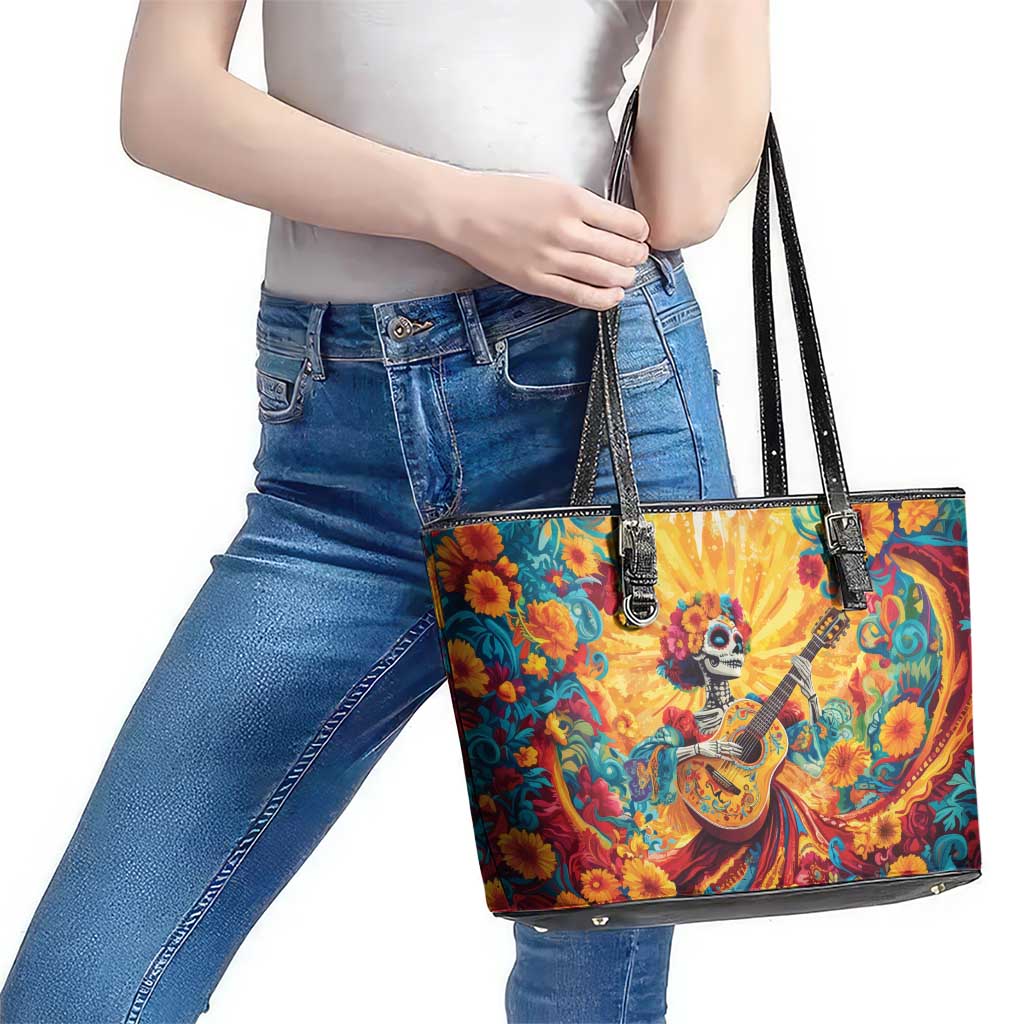 Mexico Day Of The Dead Leather Tote Bag Sugar Skull Girl With Guitar Colorful Vibes - Wonder Print Shop