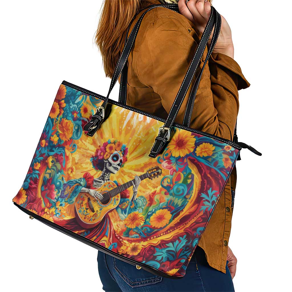 Mexico Day Of The Dead Leather Tote Bag Sugar Skull Girl With Guitar Colorful Vibes - Wonder Print Shop