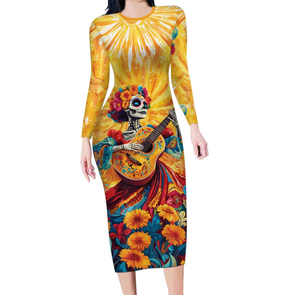 Mexico Day Of The Dead Long Sleeve Bodycon Dress Sugar Skull Girl With Guitar Colorful Vibes - Wonder Print Shop