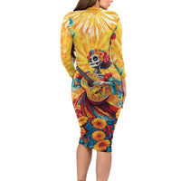 Mexico Day Of The Dead Long Sleeve Bodycon Dress Sugar Skull Girl With Guitar Colorful Vibes - Wonder Print Shop