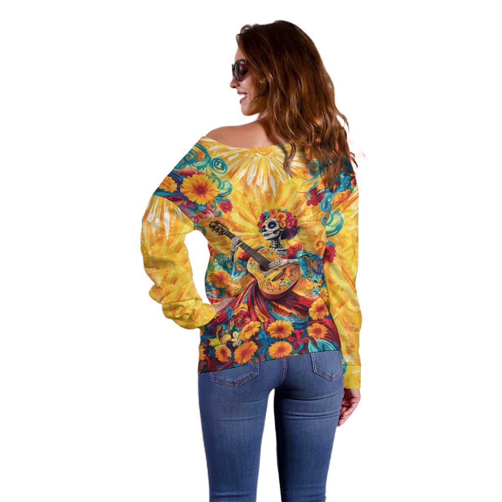 Mexico Day Of The Dead Off Shoulder Sweater Sugar Skull Girl With Guitar Colorful Vibes - Wonder Print Shop