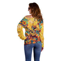 Mexico Day Of The Dead Off Shoulder Sweater Sugar Skull Girl With Guitar Colorful Vibes - Wonder Print Shop