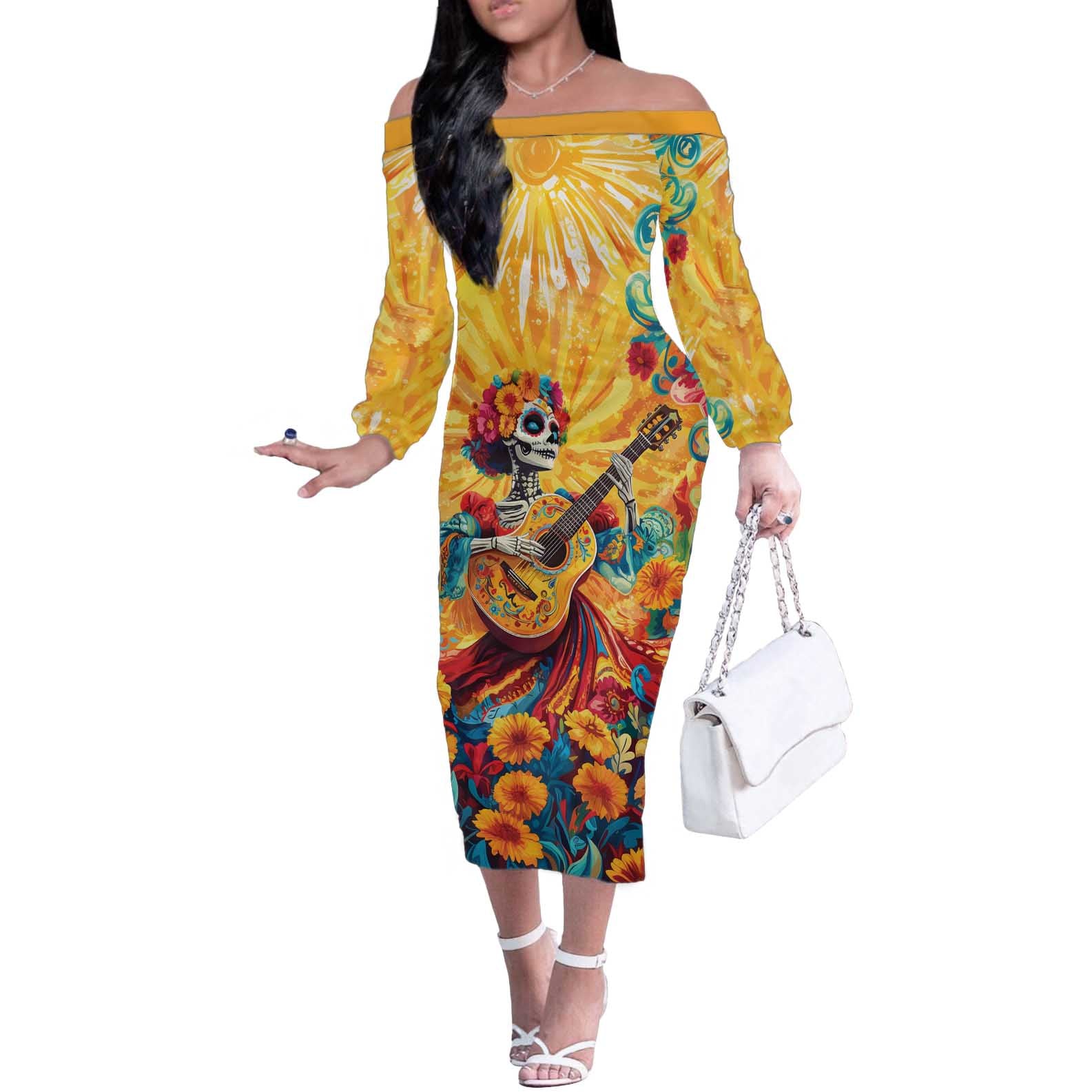 Mexico Day Of The Dead Off The Shoulder Long Sleeve Dress Sugar Skull Girl With Guitar Colorful Vibes - Wonder Print Shop