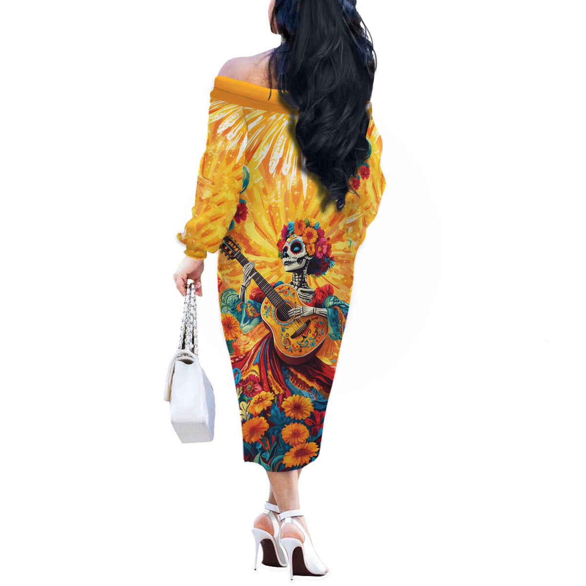 Mexico Day Of The Dead Off The Shoulder Long Sleeve Dress Sugar Skull Girl With Guitar Colorful Vibes - Wonder Print Shop