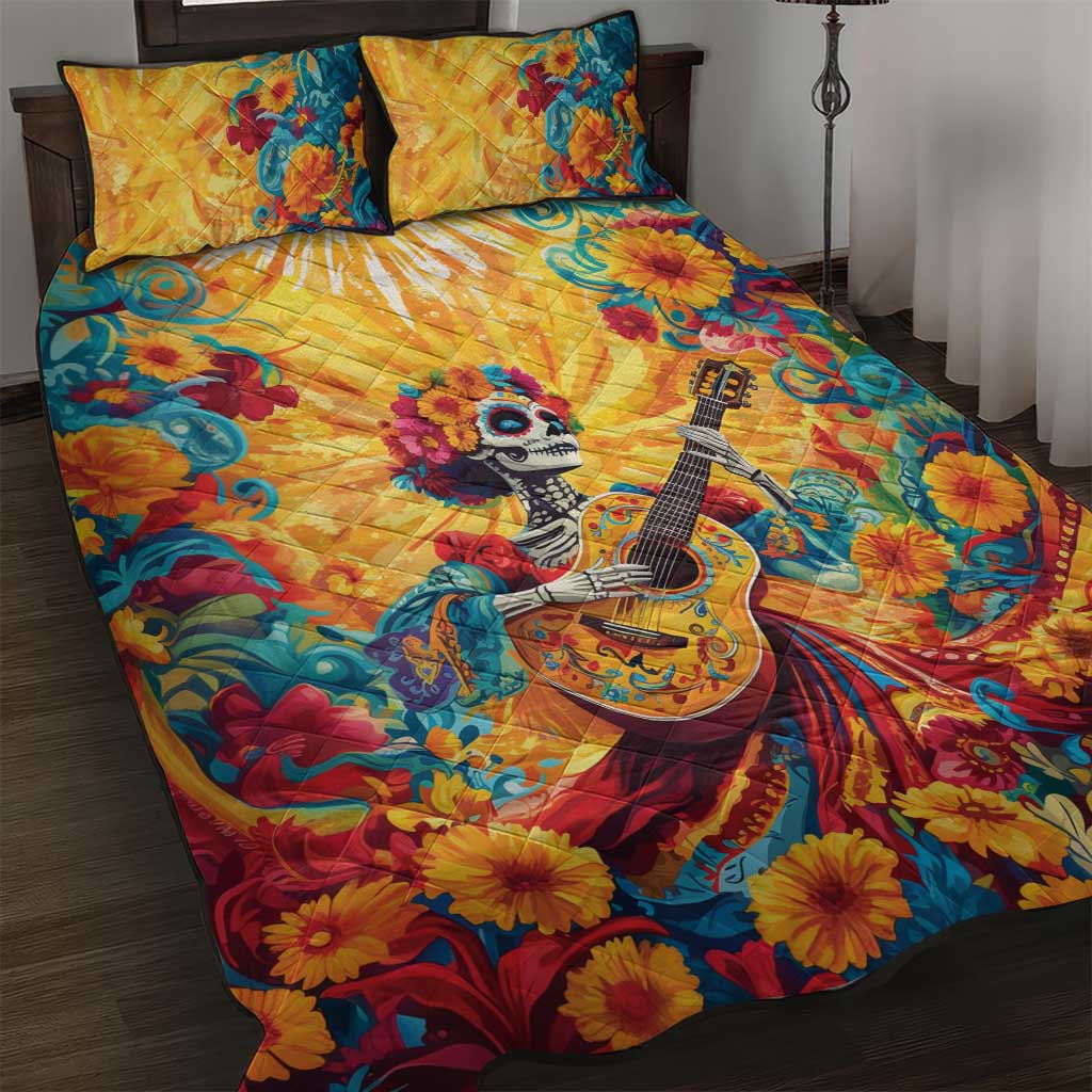 Mexico Day Of The Dead Quilt Bed Set Sugar Skull Girl With Guitar Colorful Vibes - Wonder Print Shop
