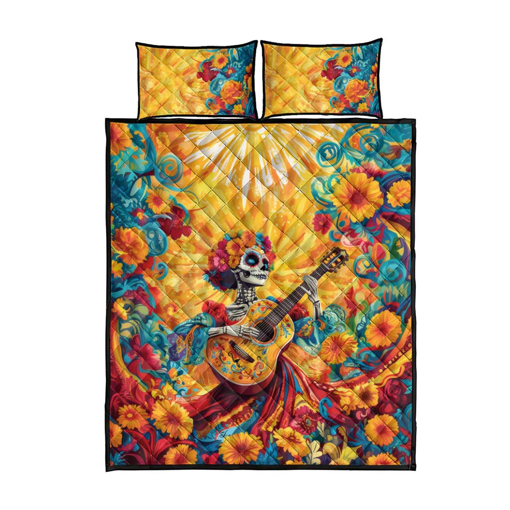 Mexico Day Of The Dead Quilt Bed Set Sugar Skull Girl With Guitar Colorful Vibes - Wonder Print Shop