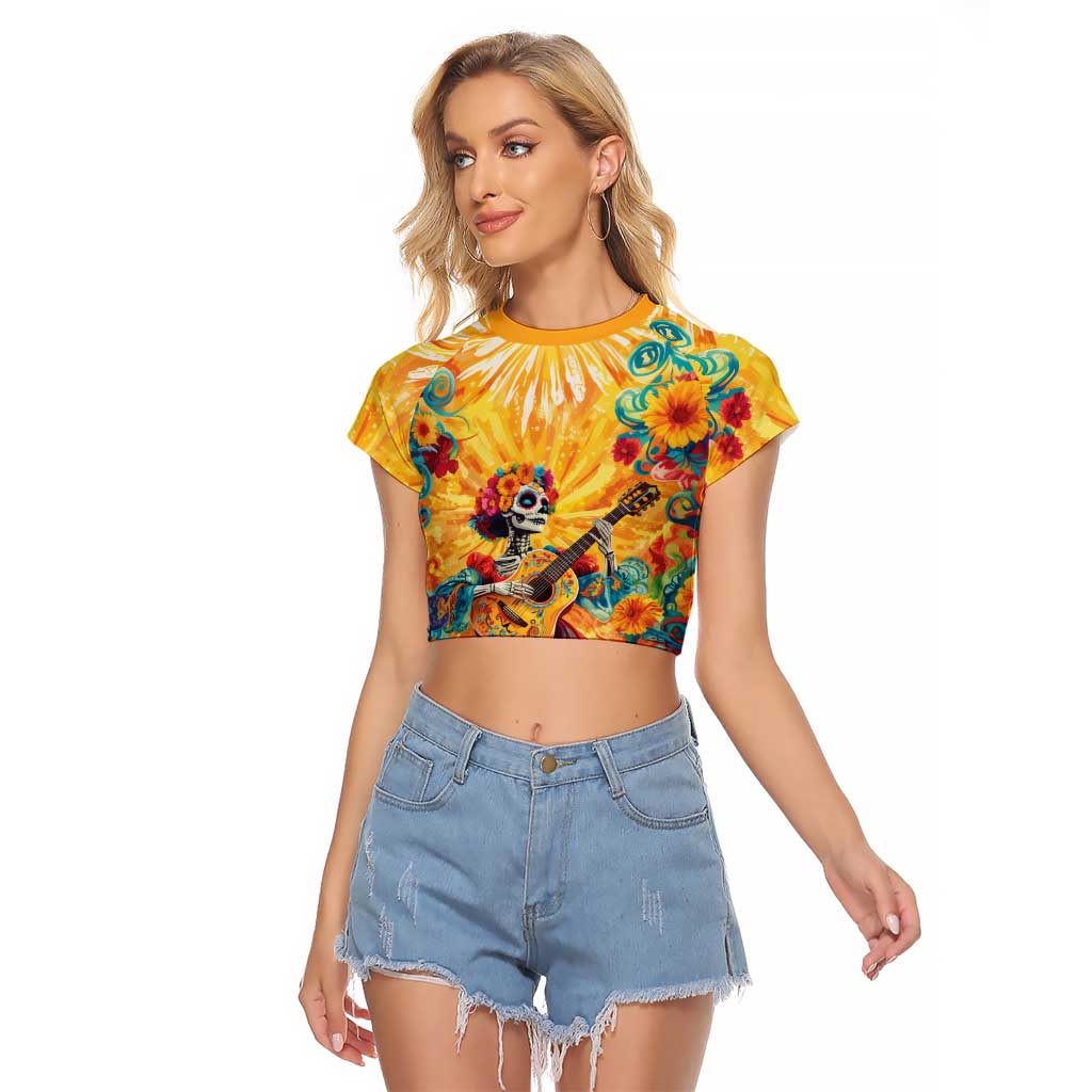 Mexico Day Of The Dead Raglan Cropped T Shirt Sugar Skull Girl With Guitar Colorful Vibes - Wonder Print Shop