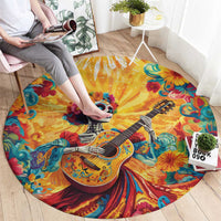 Mexico Day Of The Dead Round Carpet Sugar Skull Girl With Guitar Colorful Vibes