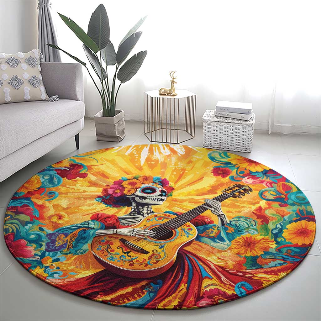 Mexico Day Of The Dead Round Carpet Sugar Skull Girl With Guitar Colorful Vibes