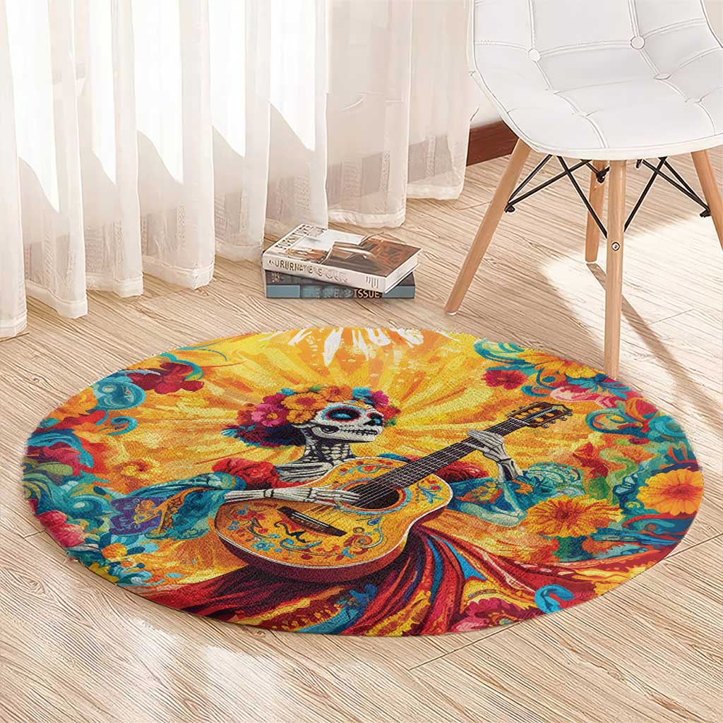 Mexico Day Of The Dead Round Carpet Sugar Skull Girl With Guitar Colorful Vibes