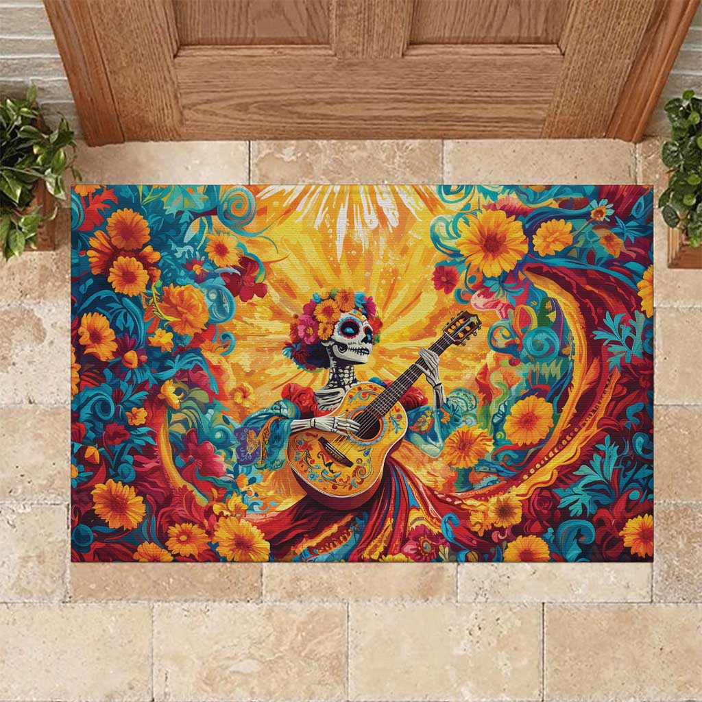 Mexico Day Of The Dead Rubber Doormat Sugar Skull Girl With Guitar Colorful Vibes - Wonder Print Shop