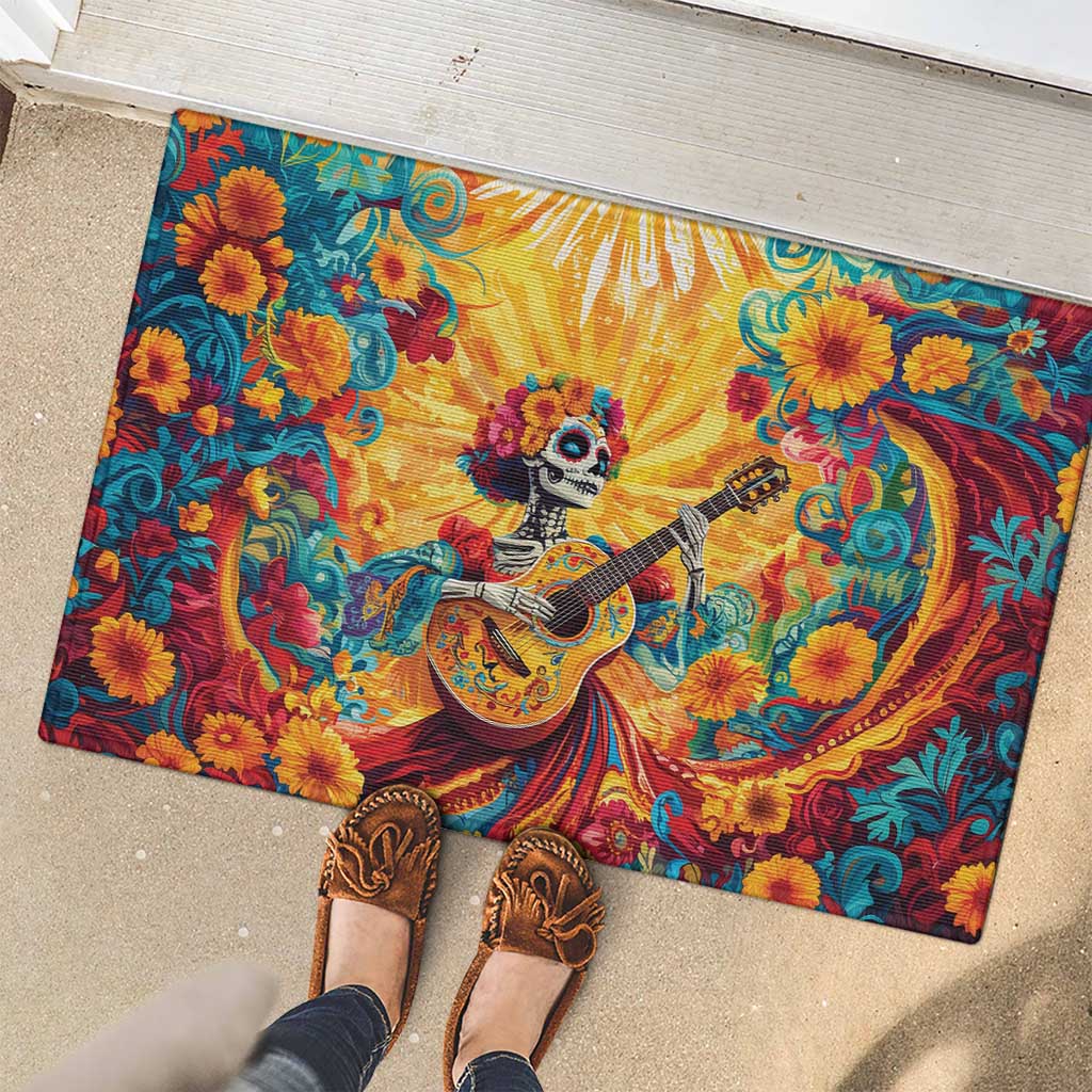 Mexico Day Of The Dead Rubber Doormat Sugar Skull Girl With Guitar Colorful Vibes - Wonder Print Shop
