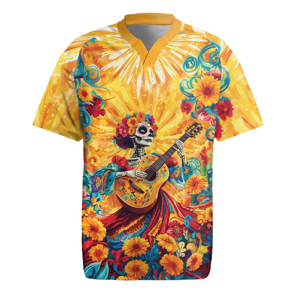 Mexico Day Of The Dead Rugby Jersey Sugar Skull Girl With Guitar Colorful Vibes - Wonder Print Shop