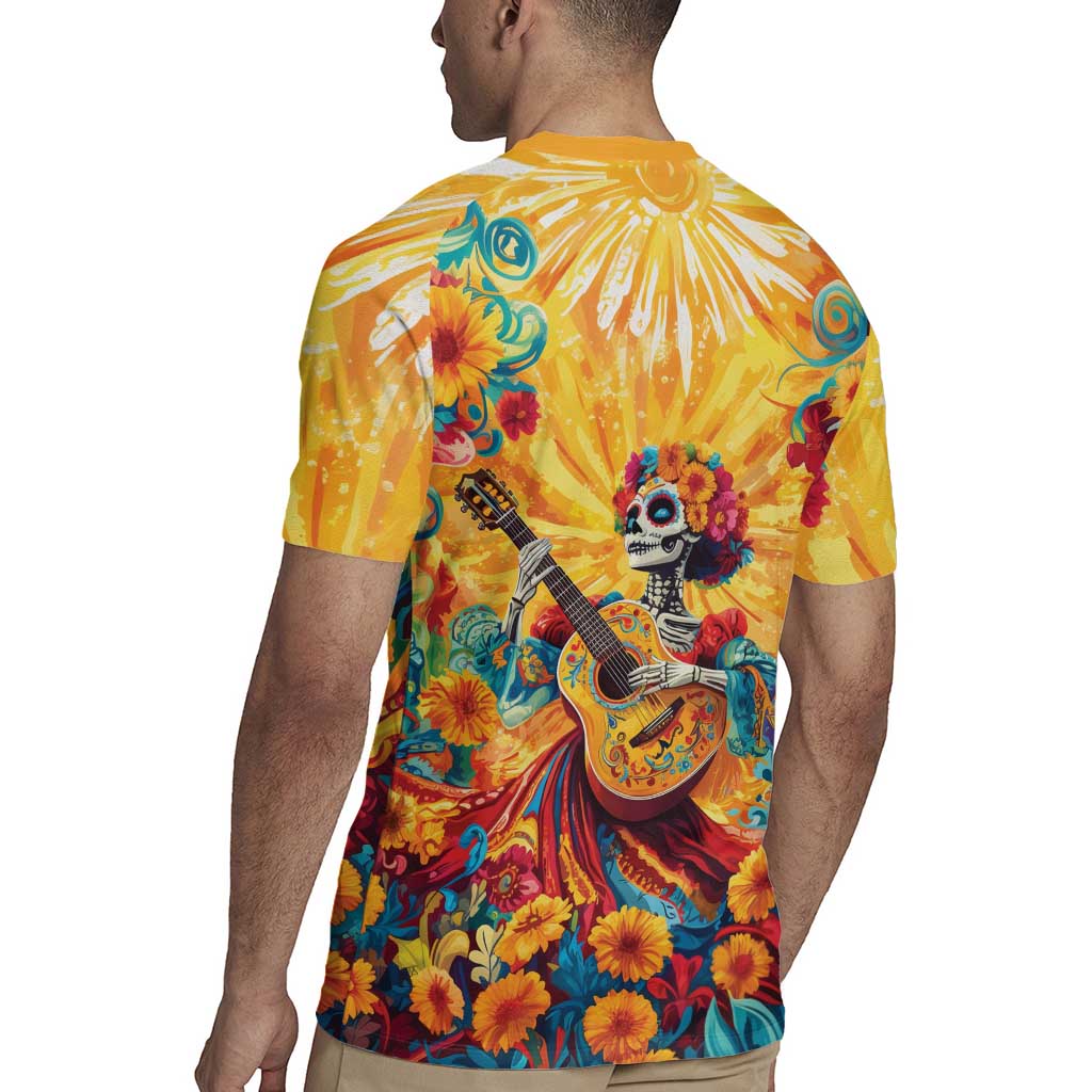 Mexico Day Of The Dead Rugby Jersey Sugar Skull Girl With Guitar Colorful Vibes - Wonder Print Shop
