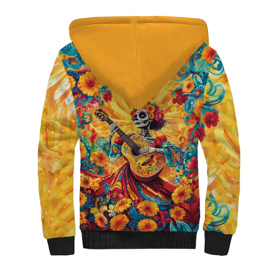 Mexico Day Of The Dead Sherpa Hoodie Sugar Skull Girl With Guitar Colorful Vibes - Wonder Print Shop